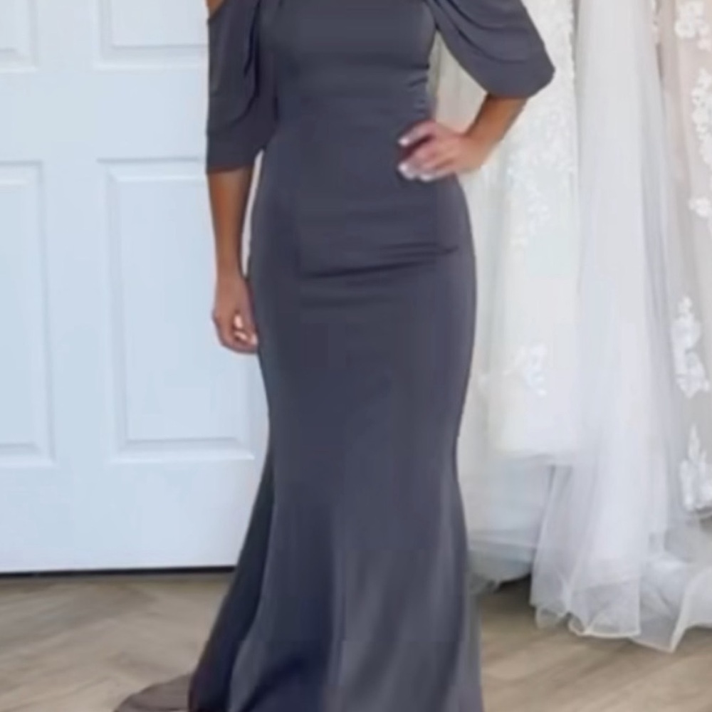 Montage by Mon Cheri Charcoal One Shoulder Gown